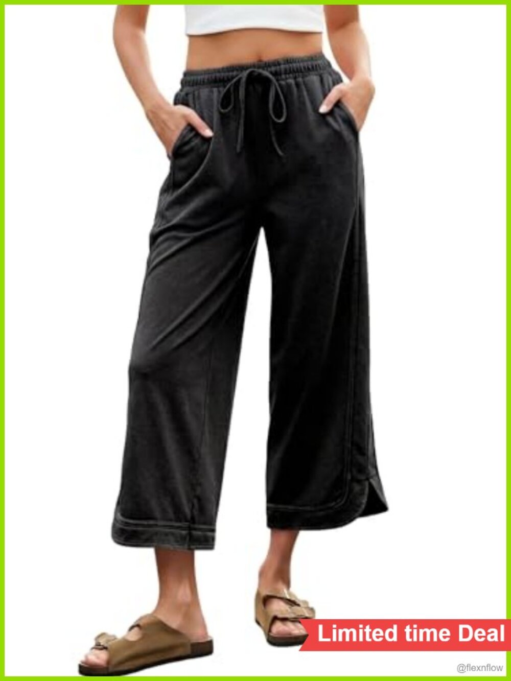 Womens Acid Wash Wide Leg Cropped Sweatpants High Waist Drawstring Pockets